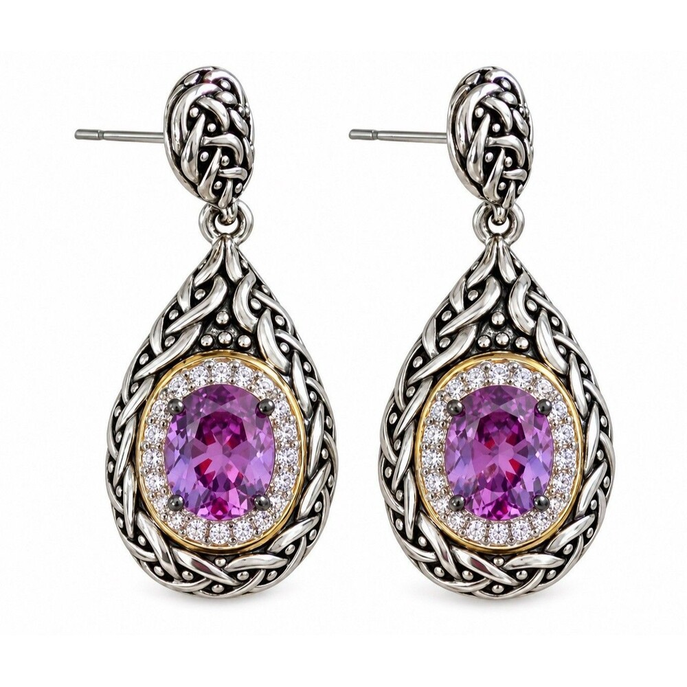 Amethyst Color Drop Earrings Rhodium Plated Celtic Inspired Teardrop Silver Tone